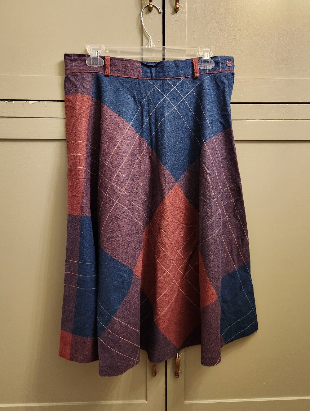 Vintage Blue & Burgundy Plaid A-Line Wool Skirt
